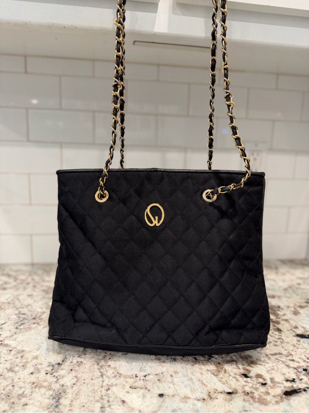 St. John Black Quilted Shoulder Bag with Gold Chain